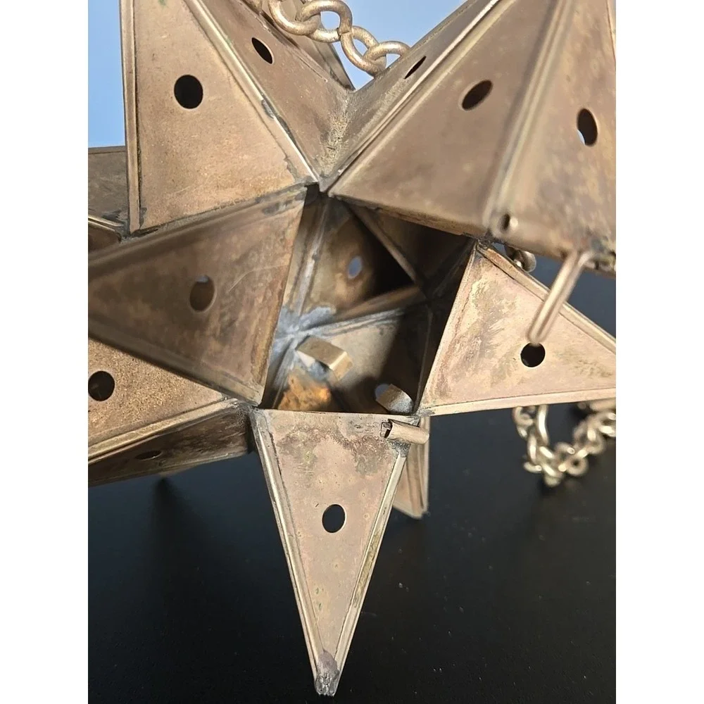 Vtg. Moravian Star Pierced Metal Votive Candle Pendant Hanging Light 6